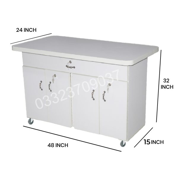 White IS13 Wooden 4 door Iron stand Table with Large Drawer , cabinet