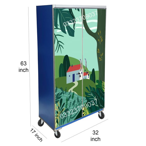 5x3 Feet Natural Scene Theme Wooden Sheet Cupboard , Wardrobe Blue