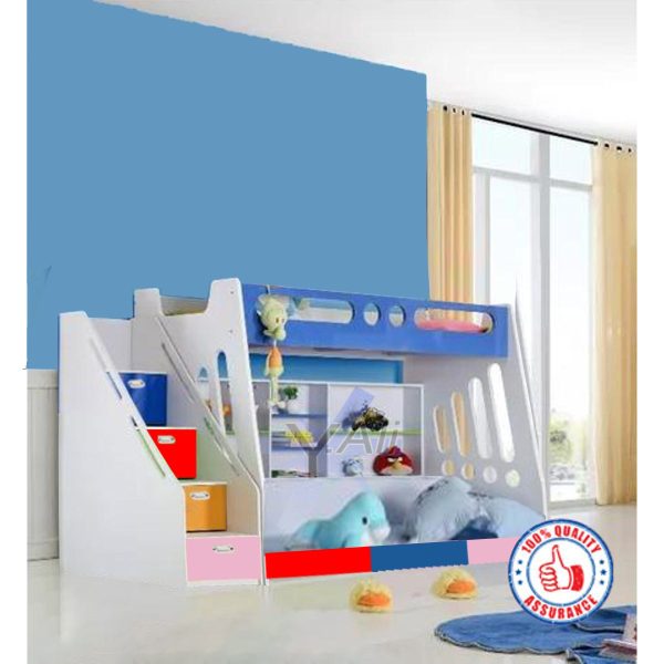 Multicolor Kids Bunk Bed with Slide, Shelves & Storage in Stairs